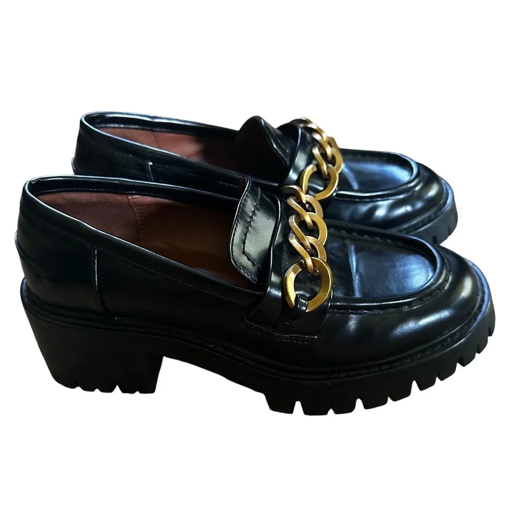 Zara Black Lug Sole With Gold Chain Link Platform Loafers Women's 7.5